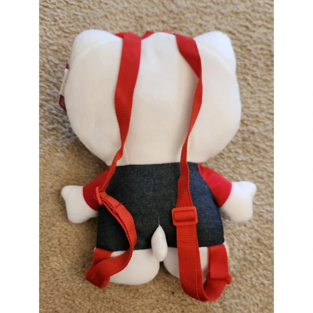 Sanrio Hello Kitty Plush Backpack Red Bow Denim Overalls 14 Inch NWT